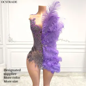 Ocstrade Beaded Sparkly Feather Evening Dress Purple Dresses Women Lady Elegant Sexy Rhinestone Chain Prom Dresses 2023 Short