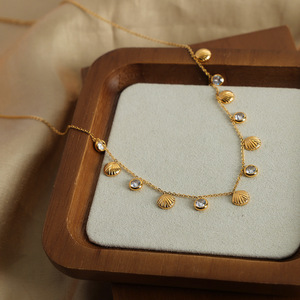 18K Gold Stainless Steel Double Layer Shell and Round Zircon Disc Classic <b>Choker</b> Necklace | Hypoallergenic Waterproof Design - Product Image 2