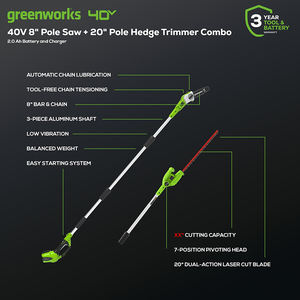 <span class=keywords><strong>Greenworks</strong></span> Scie à perche sans fil 40V 8 pouces <span class=keywords><strong>avec</strong></span> fixation pour taille-haie jusqu'à 9 pieds <span class=keywords><strong>Tondeuse</strong></span> à perche ultra légère 20302 - Product Image 6