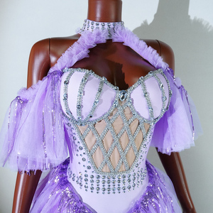 Lavender Glow Coachella 2026 Body con diseño de jaula de pedrería y falda de tul con volantes en capas, ropa de escenario para estrellas del pop y carnaval, venta al por mayor - Product Image 6