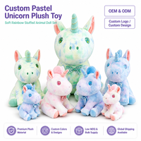 Ensemble de jouets en peluche licorne sept tailles, couleurs pastel, avec écharpe à cornes, poupée douce, OEM ODM, vente en gros personnalisée en vrac