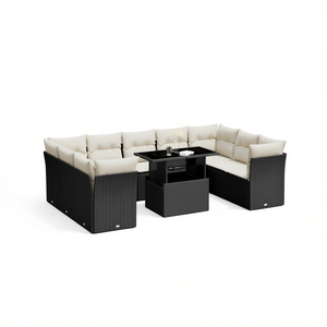 Ensemble de salon de jardin en rotin blanc crème et noir avec table pour usage extérieur, 6 places, design contemporain - Product Image 1