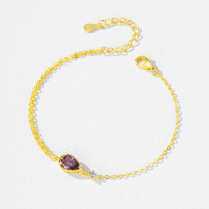 Bracelet en argent sterling S925 avec zircon violet en forme de poire et chaîne dorée pour femme, bijoux tendance, version personnalisable en cuivre - Product Image 3