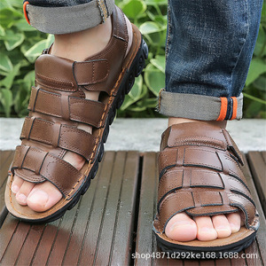 Sandalias de cuero genuino para hombre con tiras cruzadas, punta abierta, suela de goma transpirable, zapatos casuales de verano - Product Image 3