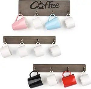 Junji Rustieke Mok Houten Rack Wall Mounted Met Koffie Aangepaste 12 Koffie Bekerhouder Hangers Hout Cup Organizer