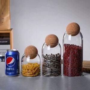 Bocal en verre borosilicate cylindrique de 500 ml et 800 ml, qualité alimentaire, avec couvercle en liège, pour l'organisation de la cuisine et du garde-manger - Product Image 1