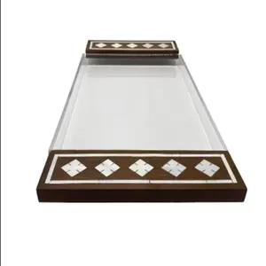 High quality luxury Handmade Arabian Style Mop Inlay Mother Of Pearl Inlay Handle Acrylic serving Trays