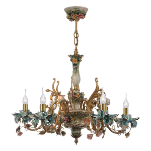 Antico Francese Lampadario Pendenti Blu, Rosa & Viola Colorato di Porcellana e In Ottone 6/8 Luci - Product Image 1