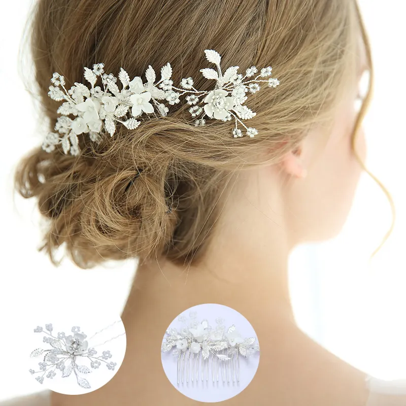 En gros À La Main Cheveux Accessoires Vigne Pin Fleur Cristal Métal Feuille De Mariage Coiffe De Mariée Peigne À Cheveux Pour Les Femmes