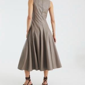 Robe midi en crêpe et similicuir, col halter, taille ajustée, couleur pierre, pour printemps-été, service OEM - Product Image 3