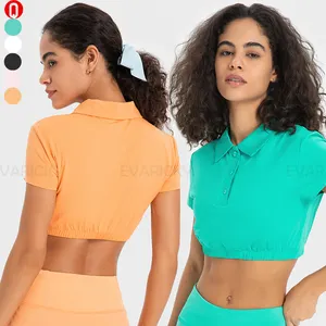 Women Tennis Workout Top Casual Lapel Outdoor Exercise Yoga Crop Top Wrinkle Hem Design Ladies T-Shirt With Removable Chest Pad