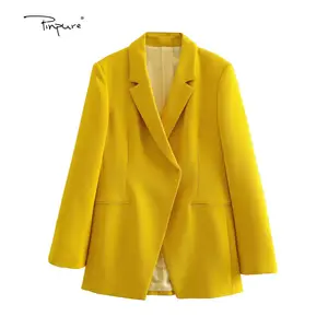 Grosir blazer warna polos wanita-R40790S Blazer Kasual Wanita, Blazer Longgar Dada Ganda Polos Warna Kuning Mode