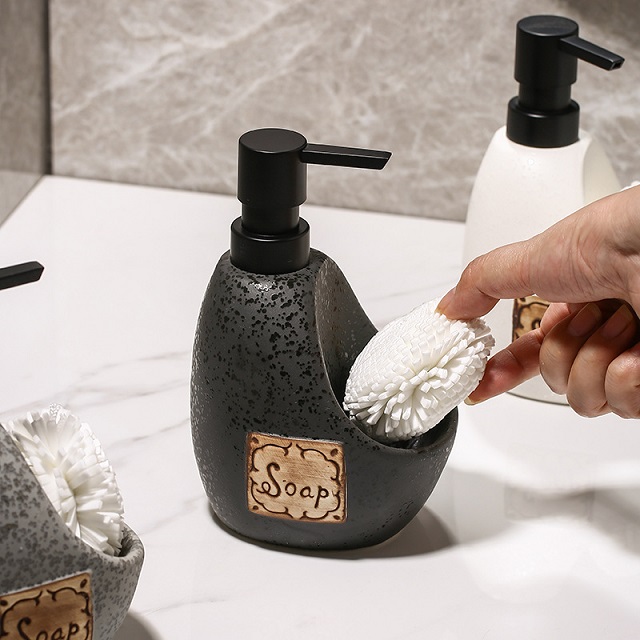 Dispenser di Sapone Dispenser di sapone in ceramica for bagno, ufficio, cucina, pompa di sapone con porta spugna, bottiglia di sapone for lozione, shampoo, massaggio, oli essenziali dispenser sapone b