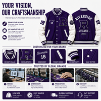 Blouson universitaire personnalisé pour homme, violet, avec lettres en chenille, style Letterman, brodé, à col côtelé, fabrication OEM, marque privée