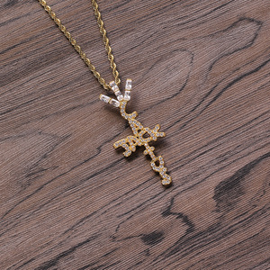 Copper CZ <b>Initial</b> Cross Pendant, Hip Hop Letter Charm <b>Necklace</b>, Iced Out Religious Jewelry - Product Image 2