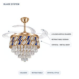 Ventilateur de plafond avec lustre en cristal, pales rétractables, 42 pouces, 6 vitesses, moteur DC, LED dimmable, luxe moderne - Product Image 2