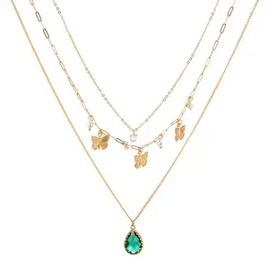 Butterfly Metal Three-dimensional Elegant Emerald Zircon Pendant Multi-layer Necklace Female Jewelry