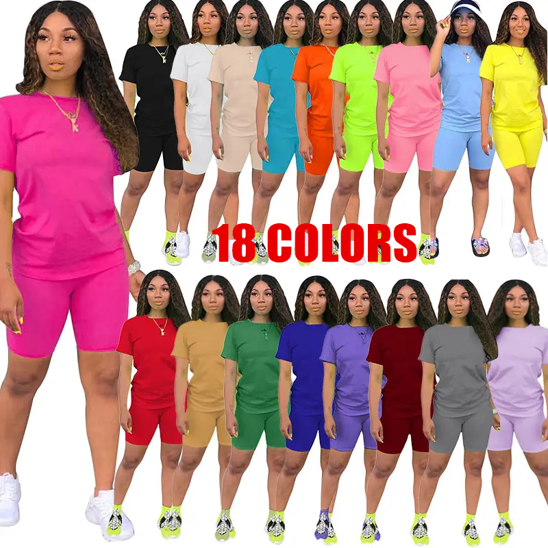 Wholesale S-3XL Cotton Shorts And Shirt Set For Women Plus Size Women's Clothing Solid Color Sports Casual 2 Piece Set Women