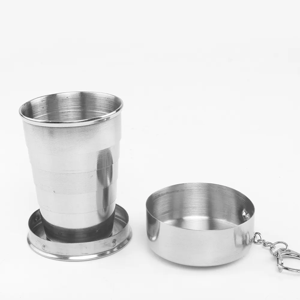 Wholesale whiskey Telescopic Collapsible mug Stainless Steel Shot Glass metal collapsible 75ml cup with keychain