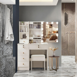 Ensemble de coiffeuse moderne pour chambre à coucher avec tabouret rembourré, station de charge, miroir réglable, éclairage intelligent et table de rangement - Product Image 3
