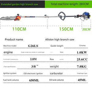 Gergaji rantai bensin jangkauan panjang <span class=keywords><strong>2</strong></span>,8M, 25,6cc 1,0KW untuk pemangkasan cabang/pohon tinggi, pengapian CDI, 650ml, Gergaji rantai profesional untuk berkebun - Product Image 5