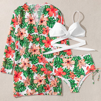 Traje de baño floral de cintura alta para mujer, conjunto de traje de baño de tres piezas con espalda descubierta y escote en V