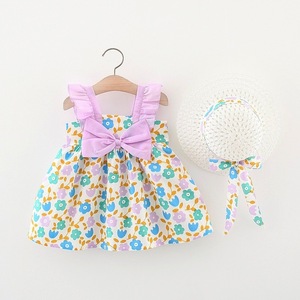 Vestido con Estampado Floral y Volantes con Lazo, con <span class=keywords><strong>Sombrero</strong></span> de <span class=keywords><strong>Paja</strong></span> a Juego, para Niñas Pequeñas, Ropa de Verano para Exteriores - Product Image 2