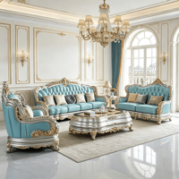 Ensemble de canapés modernes avec dossier capitonné, meubles de salon, canapé sculpté à la main en cuir bleu clair, argenté et doré, avec cadre incurvé