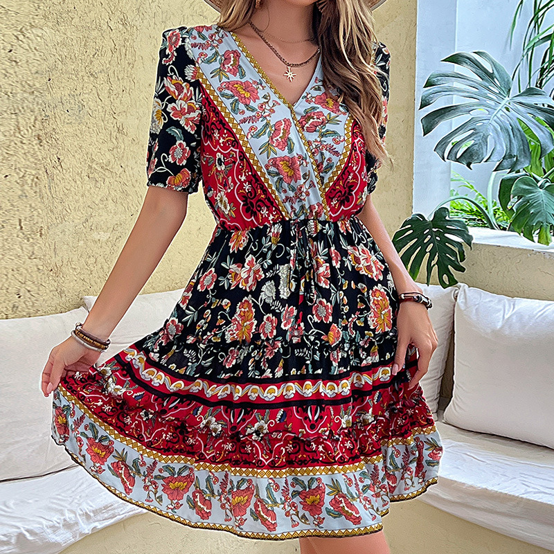 Großhandel Sommer neue Damen Kleidung Asien & Pazifik Inseln Damen kleid elegante Blumen druck Taille Kleid