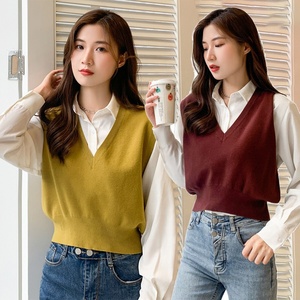 Gilets <span class=keywords><strong>sans</strong></span> manches en tricot coréen pour femmes, style preppy, uniforme, printemps-automne, débardeur en maille, pull court - Product Image 1