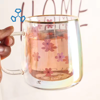 Magnifiques tasses en verre à double paroi isolées en borosilicate avec poignée, motif fleur de cerisier, 290 ml, étanches, personnalisables en usine