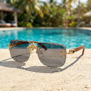 Lunettes de soleil de luxe sans monture, verres polarisés gris foncé, monture en bois, décor doré, unisexe, protection solaire pour adultes - Product Image 4