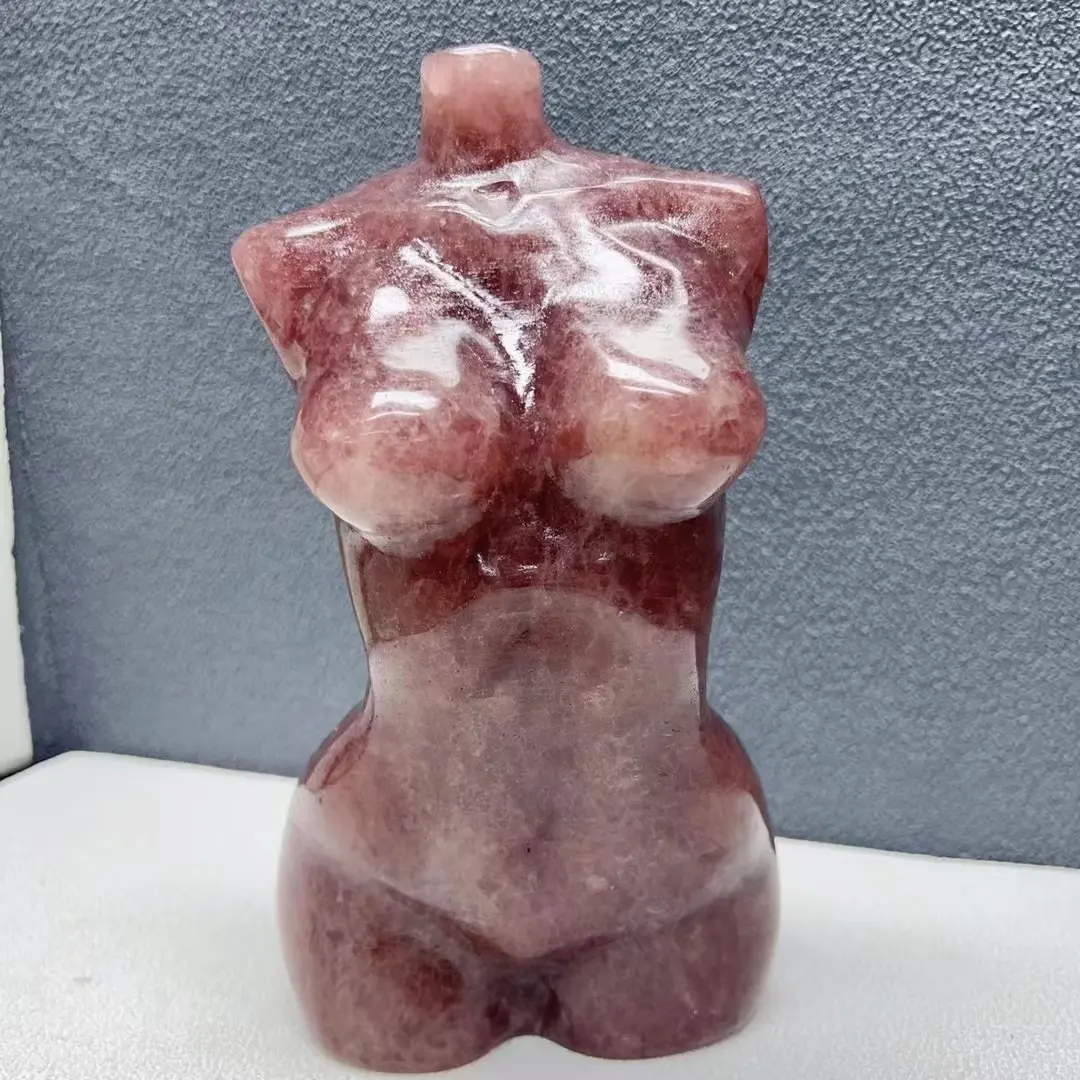 Wholesale Natural Healing Stones Hand Carved Crystal Stone Strawberry Quartz Carving Female Body Model