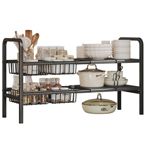 Organisateur d'évier de cuisine en métal à 2 niveaux, plateau de rangement extensible à longueur réglable, support autoportant à double niveau - Product Image 1