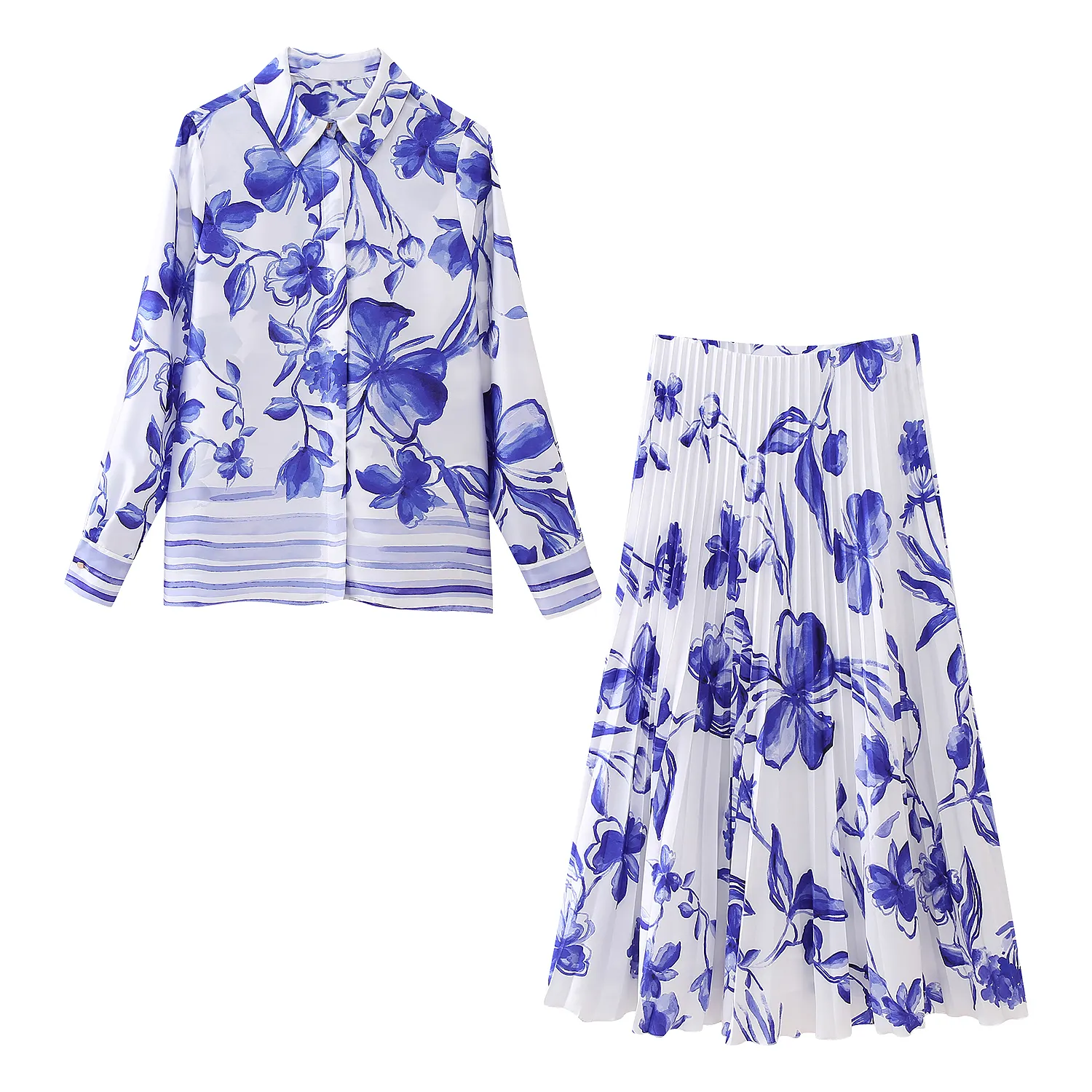 Estampado floral azul blanco color manga larga cuello vuelto botones hasta moda casual blusa modesta para mujer