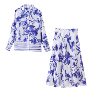 Floral print blue white color long sleeve turn down collar buttons up casual fashion modest blouse for women