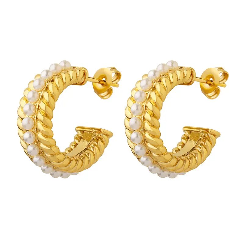Ins 18K Gold Plated Stainless Steel Jewelry Waterproof Imitated Pearl twisted Hoop Earrings For Women Wholesale