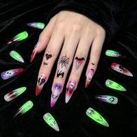 Boîte de rangement à 4 compartiments pour faux ongles Halloween à presser, impression 3D, phosphorescents, longs, forme Stiletto, style gothique, pour déguisements de fêtes