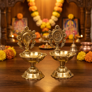 Traditional Brass <b>Oil</b> <b>Lamps</b> Set 2 Radhya Enterprise for Religious Ceremonies Diwali Pooja Decor Geometric Engraved Handicraft - Product Image 2