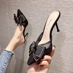 Women's Mesh Baotou Bow Half Slippers High Heels 2025 Summer New Fashion Stiletto Heel All-match Slippers for Outer Wear - Product Image 1