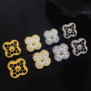 Aretes de Botón de Trébol de Cuatro Hojas de <span class=keywords><strong>Oro</strong></span> de Diseñador Trébol Negro de Marca de Lujo Estilo Van con Perlas, Diamantes y Circonitas - Product Image 1