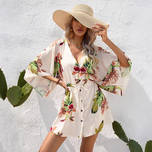 Vestido Mini de Playa con Cuello en V, Manga Corta y Cinturón, Estampado Digital, Estilo Boho Vintage para Mujer, Popular en Verano, para Vacaciones y Salidas - Product Image 1