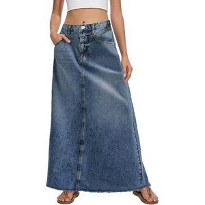 Jupe longue en jean vintage personnalisée pour femme, taille haute, coupe trapèze, ourlet effiloché, avec poches - Product Image 1