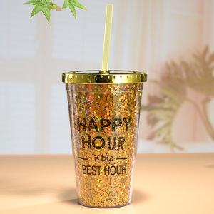 Glitter Plastic <b>Straw</b> <b>Cup</b> 450ml Electroplated <b>Lid</b> Happy Hour Design Party Drinkware - Product Image 4