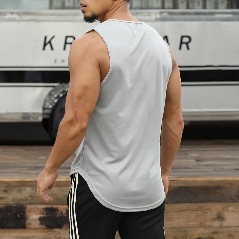 Premium Logo Curve Hem Quick Dry Breathable Mesh Gym Tank Tops Men Sports T Shirts Vest Stringer Fitness Tops