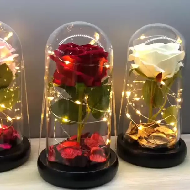 High Quality gift flowers Artificial Rose in glass dome with led light festival Valentine's day flowers artificial