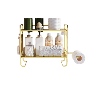 Étagère de rangement WC multifonctionnelle moderne à 2 niveaux, carrée, sans perçage, installation sans perçage, en fer, pour salle de bain - Product Image 1