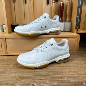 Zapatillas Blancas con Amortiguación de Aire, 100% Piel de Cocodrilo, con Cordones, Punta Redonda, Diseño Sólido, Suela de Goma, para Todas las Temporadas, Casuales - Product Image 6