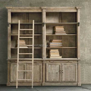 Bibliothèque vintage en bois massif avec échelle, bibliothèque américaine avec armoires de rangement, étagère haute pour la maison ou le bureau - Product Image 2