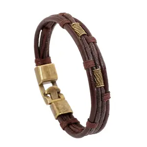 Mens cổ điển da ban nhạc cổ tay Brown Rope Bracelet Bangle thời trang bện bọc da chính hãng đa lớp vòng đeo tay cho phụ nữ